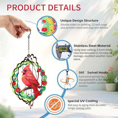 Metal Wind Spinners Outdoor Cardinal Hanging Wind Spinner Gifts for Women Men,12 inch 3D Stainless Steel Wind Catchers Kinetic Sculpture for Garden Decor,Outside,Yard,Patio,Backyard,Porch Decoration