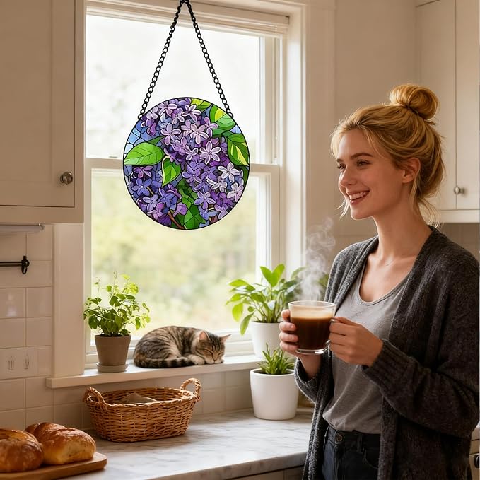 Purple Flowers Hanging Stained Glass for Window 7.87" Sun Catcher Garden Hanging Decoration Sun Catchers Colorful Glass Gifts for Women Mother's Day Valentine's Day Decorations Holiday