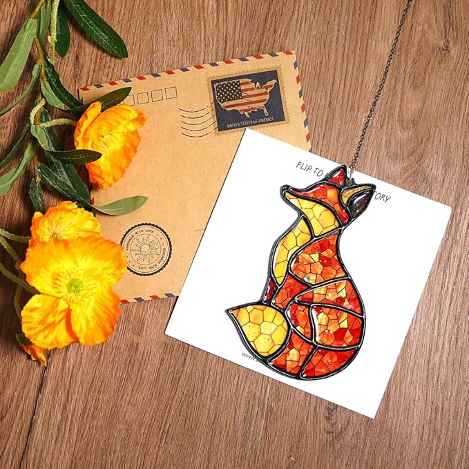 Fox Handmade Resin Suncatchers, Artisan Boho Sun Catcher Stained Glass Effect Window Hanging Garden Decor, Gift for Mother's Day Mom Grandma Wife Women