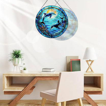 RIVEENY Dolphin Stained Glass Window Hangings,Dolphin Suncatchers for Windows Wall Hanging Christmas Decoration Ornament Housewarming Birthday Gift 20cm/7.87inch