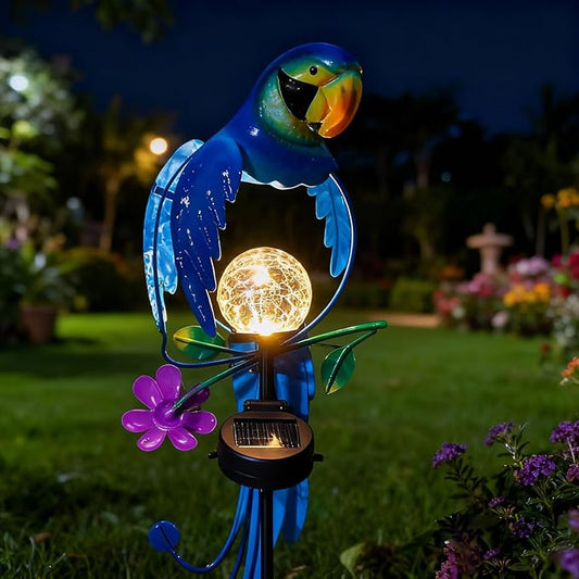 Solar Powered Parrot Garden Stake Light, Warm White LED Crackle Globe Light, Waterproof Metal & Glass Outdoor Decor for Yard, Pathway, Lawn, Patio, and Bird Lover Gift