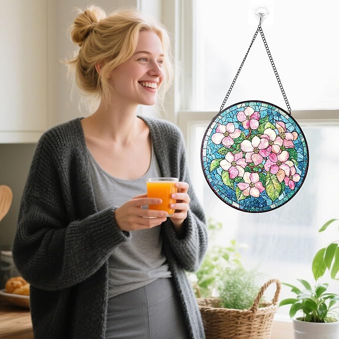 Stained Glass Suncatchers Window Hanging, Flowers Sun Catchers Indoor Window Stained Glass Hanging Garden Decor, Birthday Gifts for Mom Grandma Aunt Sister Bestie 7.8 in