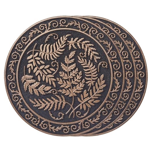 Home Furnishings By Larry Traverso HF by LT Deluxe Rubber Stepping Stone, Fern Medallion Design, Heavy Duty 13"" All-Weather Garden Tile, Black with Antique Bronze Finish, Set of 3, TR0787