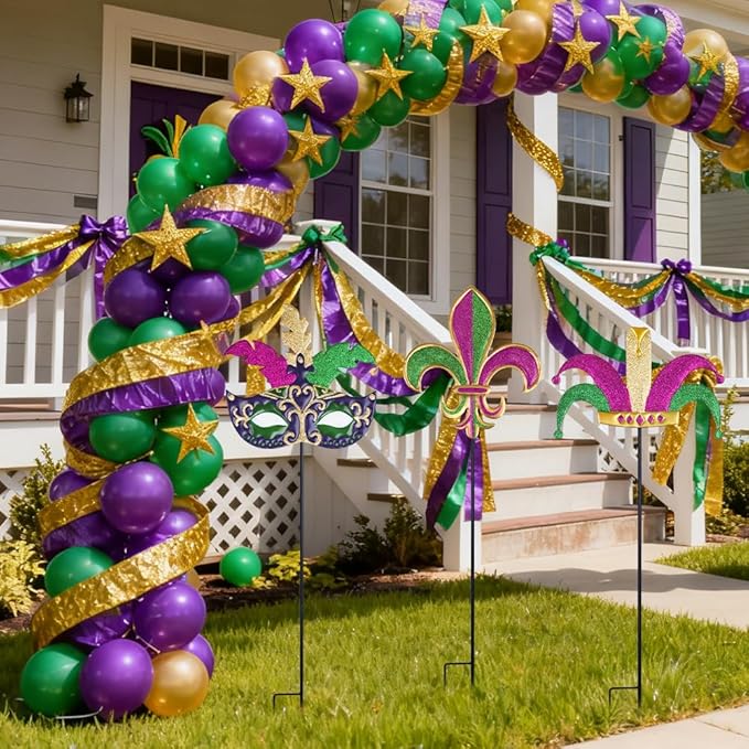 hogardeck Mardi Gras Outdoor Decorations, Set of 3 Metal 36" Decorative Garden Stakes with Mask Fleur-de-lis Jester's Hat for Mardi Gras Decor, Glitter Yard Sign for Outside Lawn Porch Backyard Party