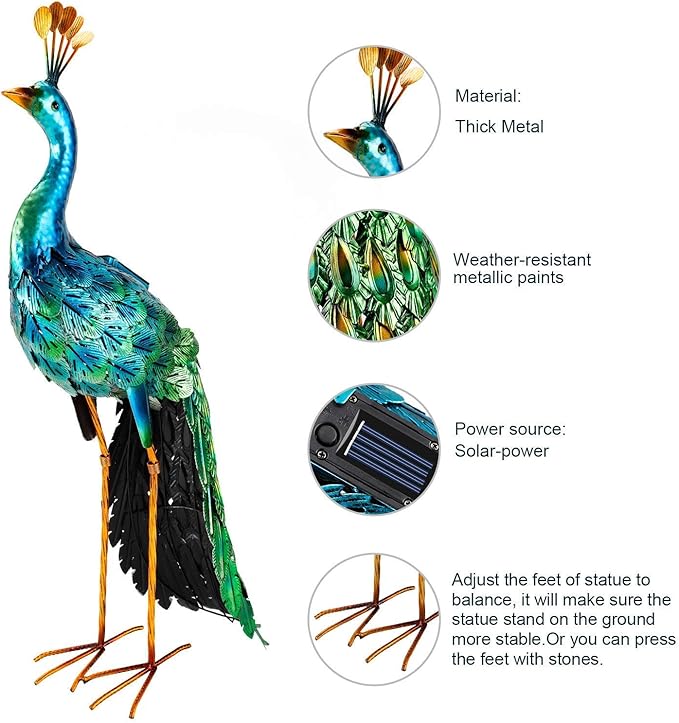 chisheen Outdoor Solar Peacock Decor Garden Statue Metal Yard Art Decoration Outdoor Sculptures for Backyard,Patio,Lawn,Wedding, for Women