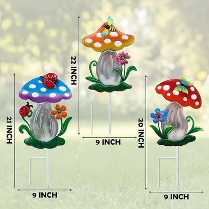 Decorative Garden Stakes, 3 Pack Mushroom Lawn Ornaments Metal Garden Stakes, Colorful Yard Art for Garden, Lawn, Porch.