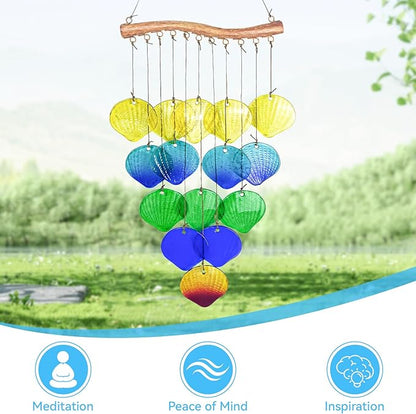 Sea Glass Wind Chime, Shell Shape Glass Windchime for Outside, Indoor Outdoor Decor for Patio Garden Yard, Nice Gifts for Mom & Women, Memorial Sympathy Gift for Home
