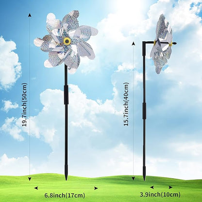 BATTIFE Reflective Pinwheels for Yard and Garden, Pre-Installed Sparkly Blind Birds Pin Wheel, Scare Birds & Animal Away Wind Spinner, 12 Pack (Silver)