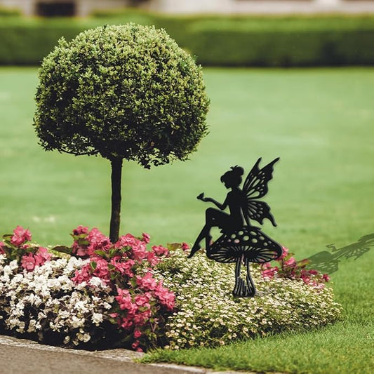 WADORN Flower Fairy Metal Garden Yard Decor, Fairy Theme Outdoor Silhouette Stake Ornaments Mushroom Fairy Sculpture Statues Garden Arts Decor for Backyard Lawn Patio Outdoor Spring Decor