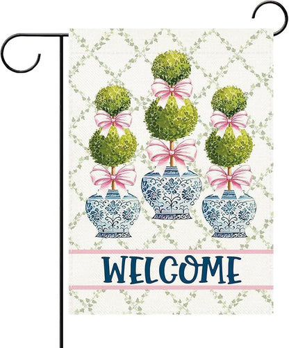 Chinoiserie Topiary Welcome Decorative Garden Flag, Blue and White Porcelain Botanical Small Yard Outside Decorations, Pink Bow Coquette Plant Burlap Outdoor Home Decor Double Sided 12 x 18