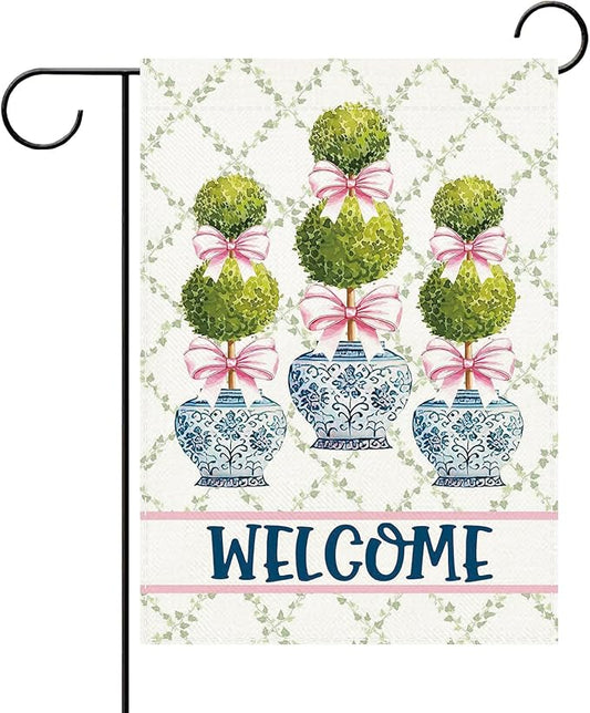 Chinoiserie Topiary Welcome Decorative Garden Flag, Blue and White Porcelain Botanical Small Yard Outside Decorations, Pink Bow Coquette Plant Burlap Outdoor Home Decor Double Sided 12 x 18