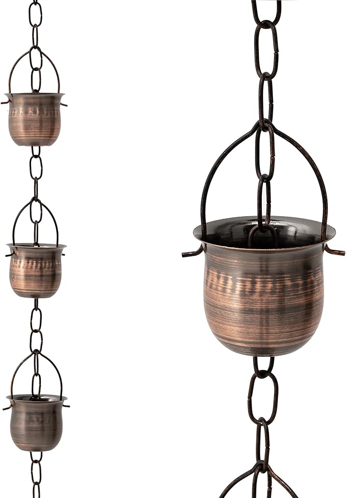 Glitzhome 8.5ft Rain Chain for Gutters 15-Piece Faux Copper Cup Shaped Catcher Replacement for Downpout