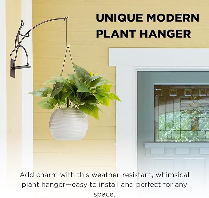 Gute Fisherman Stick Man Plant Hanger, Creative Wall Mount Metal Decor Plant Holder for Balcony Garden Porch - 14" Black