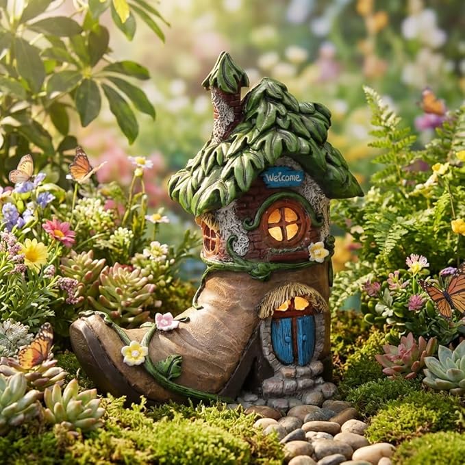 TERESA'S COLLECTIONS Boot Fairy House Garden Statues with Solar Outdoor Light for Garden Decor, Resin Fairy Garden Accessories Outdoor, Home Decorations Lawn Ornaments Yard Decor Gifts for Mom, 6"