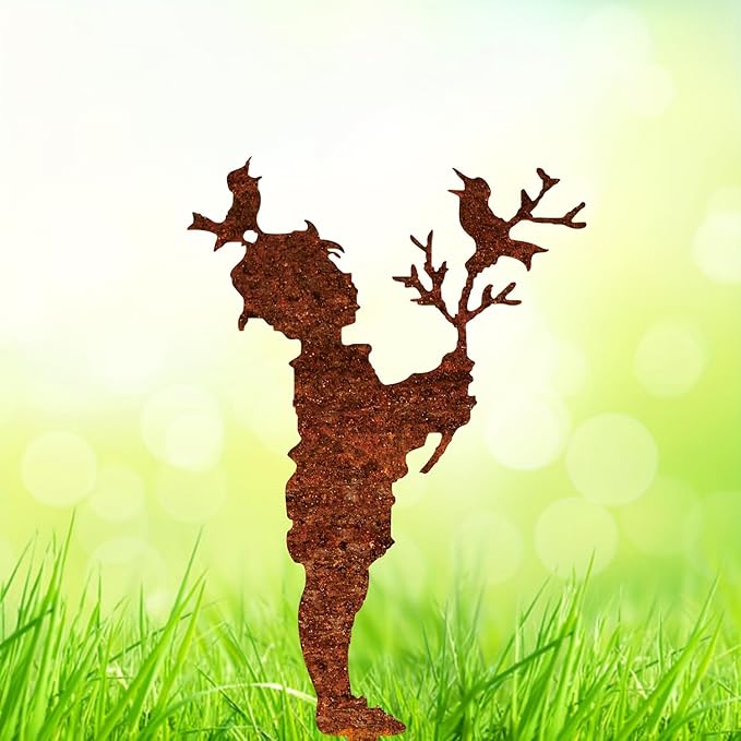 Metal Boy & Bird Garden Statue - Rustic Floor Standing Outdoor Decor for Lawn, Patio - Heartwarming Gift for Mother’s Day, Weddings(50cm/19.7in)