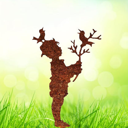 Metal Boy & Bird Garden Statue - Rustic Floor Standing Outdoor Decor for Lawn, Patio - Heartwarming Gift for Mother’s Day, Weddings(30cm/11.81in)