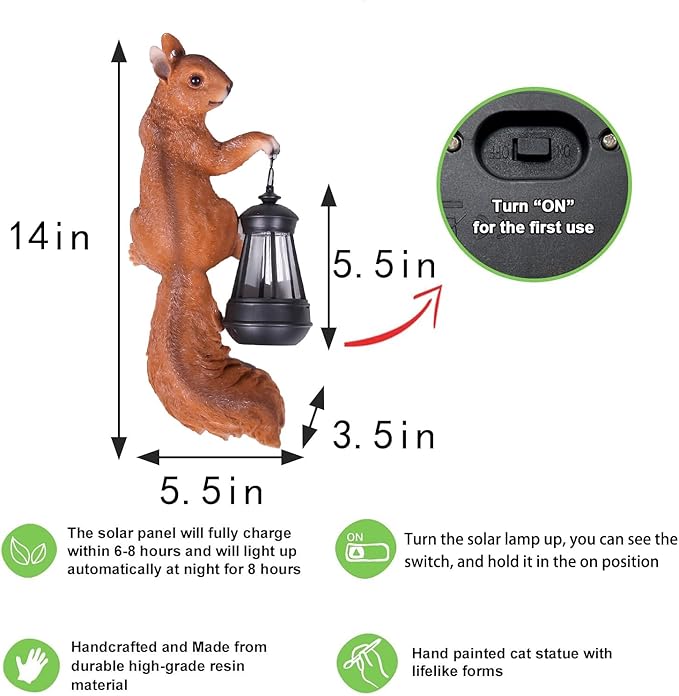 14in Big Squirrel Solar Squirrel Sculpture Decoration Resin Outdoor Garden Decoration, Suitable for Outdoor Garden Decoration, Suitable for Ladies, Mothers, Grandma Gifts
