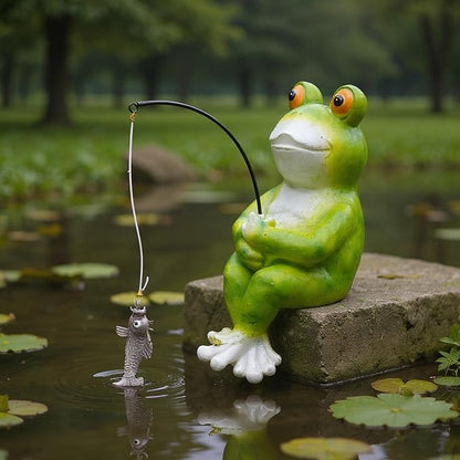 Elenon Funny Frog with Fishing Pole Garden Decorative, 9" Adorable Flower Bed Decor Frog Statue, Yard Patio Art Decor Sculptures Table Ornament