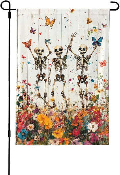 Skeleton Skull Wildflower Garden Flags 12×18 Inch Funny Double Sided Decorative Yard Banner Seasonal Flag for Outdoor Outside Decor