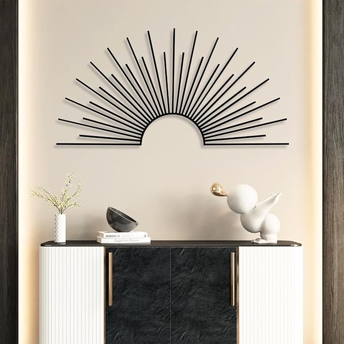 Yemwot Sun Metal Wall Decor, Metal Sun Wall Decor Outdoor, Sunrise Art, Minimalist Line Art, Boho Sign, Living Room, Bedroom or Outdoor Hangings (Black, 53"x 26"| 135x68cm)