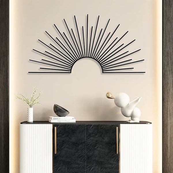 Yemwot Sun Metal Wall Decor, Metal Sun Wall Decor Outdoor, Sunrise Art, Minimalist Line Art, Boho Sign, Living Room, Bedroom or Outdoor Hangings (Black, 53"x 26"| 135x68cm)