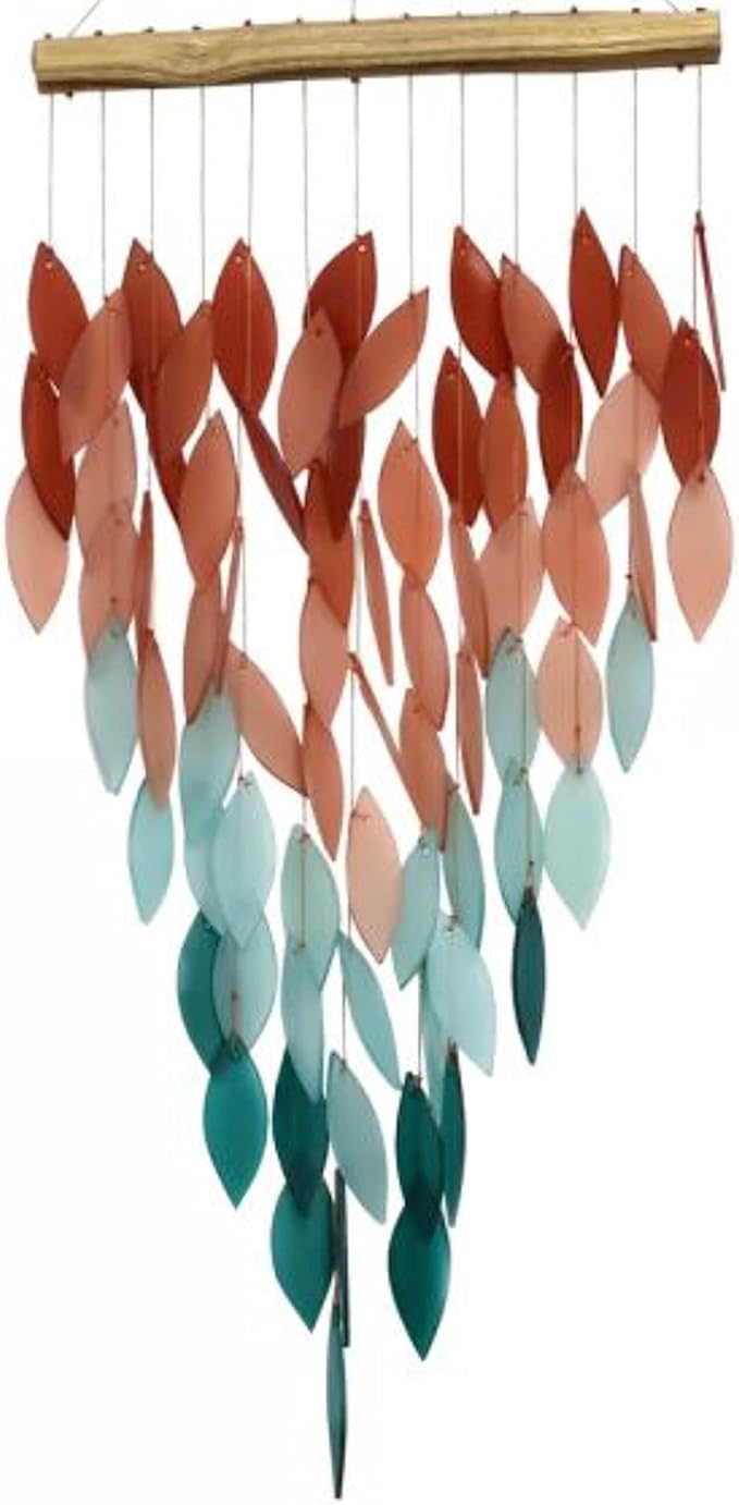Blue Handworks Deluxe Coral Ombre Waterfall & Driftwood Chime, Sandblasted Glass and Found Wood Handcrafted Wind Chime