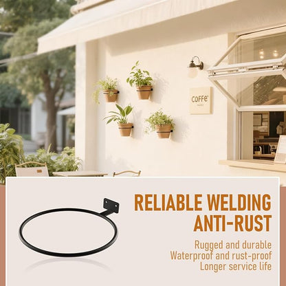 Wall Flower Pot Holder Bulk 6in 10Pack Ring Plant Hanger, Metal Planter Hooks Wall Mounted Bracket Heavy Duty for Outdoor Indoor Black