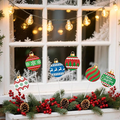 Shimeyao 6 Pcs 12 Inch Metal Christmas Garden Stakes Ugly Sweater Outdoor Plant Stakes Christmas Ball Yard Signs Xmas Outdoor Decor for Home Lawn Porch Holiday Front Backyard
