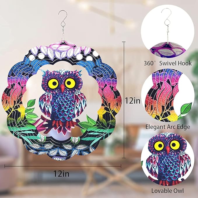 Owl Wind Spinner, 3D Kinetic Art with Sparkling Glitter, 12 Inch Multi-Layer Stainless Steel Garden Decor, Weatherproof Yard Spinner for Patio, Porch, Indoor Holiday Decoration