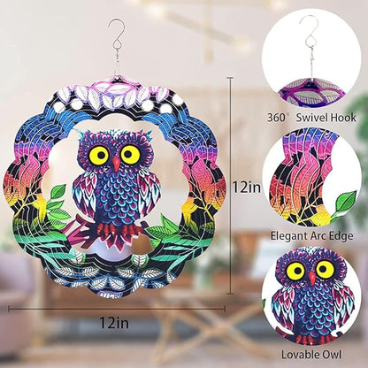 Owl Wind Spinner, 3D Kinetic Art with Sparkling Glitter, 12 Inch Multi-Layer Stainless Steel Garden Decor, Weatherproof Yard Spinner for Patio, Porch, Indoor Holiday Decoration