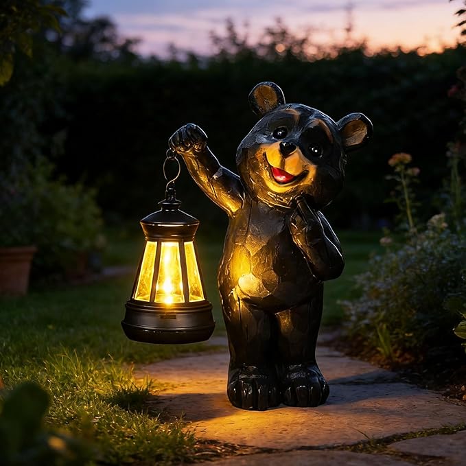 Garden Statues Bear Solar Figurine Lanterns Outdoor Waterproof Lights, Yard Decorations, Garden Decor Unique Birthday Housewarming Gifts for Mom, Resin Material, Hand-Painted