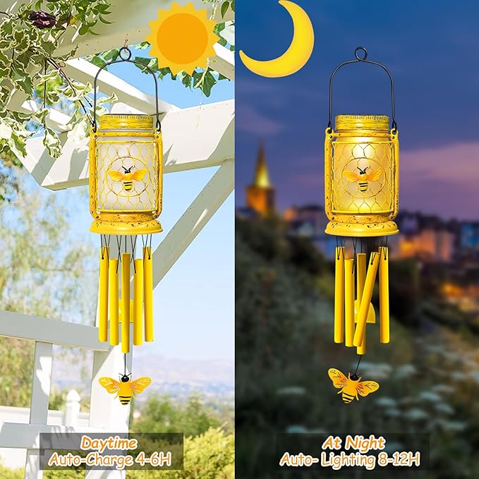 2 Pack Solar Bee Wind Chimes for Outside for Mom Women Grandma,Solar Bee Mason Jar Wind Chime Light Unique Hanging Wind Chimes Outdoor,IP65 Waterproof, for Yard Garden Terrace