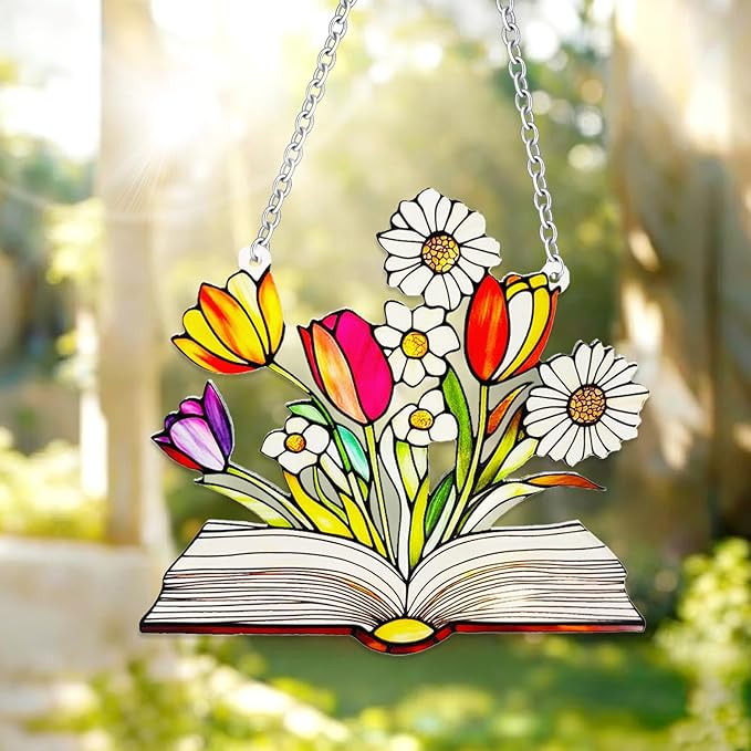 Stained Glass Book for Windows, bookand Flower Hanging Sun Book Indoor Window, Theme Birthday Gifts for hummingbirding Lovers