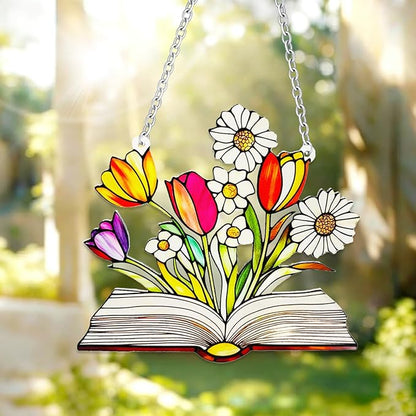 Stained Glass Book for Windows, bookand Flower Hanging Sun Book Indoor Window, Theme Birthday Gifts for hummingbirding Lovers