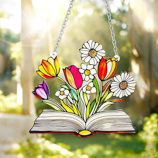 Stained Glass Book for Windows, bookand Flower Hanging Sun Book Indoor Window, Theme Birthday Gifts for hummingbirding Lovers