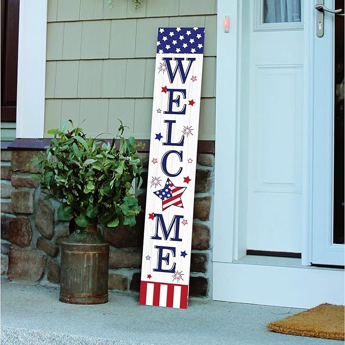 Patriotic 4th of July Welcome Sign for Front Porch, 250th Anniversary Memorial Day Wooden Porch Sign For Outdoor Patio, USA American Flag Standing Yard Sign Summer Door Signs for Garden Wall
