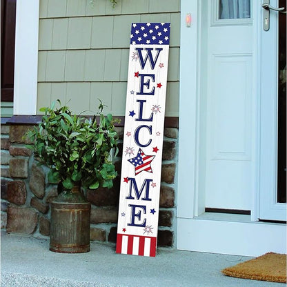 Patriotic 4th of July Welcome Sign for Front Porch, 250th Anniversary Memorial Day Wooden Porch Sign For Outdoor Patio, USA American Flag Standing Yard Sign Summer Door Signs for Garden Wall