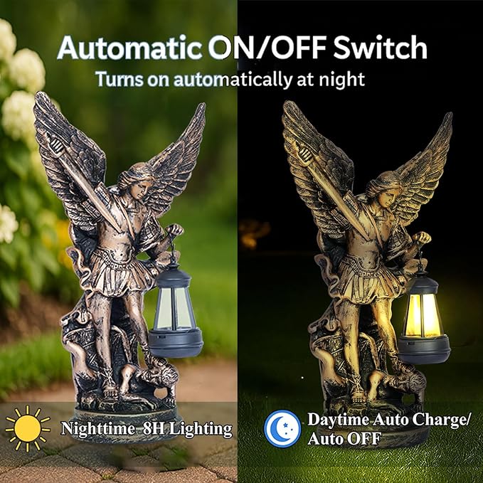 Solar San Miguel Arcangel Outdoor Garden Decor Statues 12.4" Solar St Michael the Archangel Satue for Yard Patio Lawn Porch Decorations Resin St Michael Figurine Religious Collection Sculptures Gifts