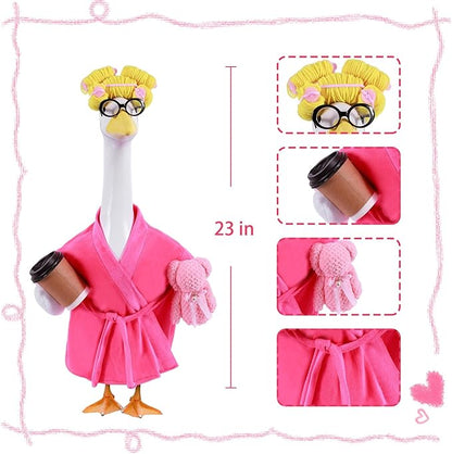 Lady Porch Goose Outfits,Bathrobe Porch Goose Statue Costume with Curlers Reading Glasses Coffee Cup Towel,Cute Goose Clothes for 23-Inch Cement or Plastic Statue,Lawn Yard Garden Patio Decor(Pink)