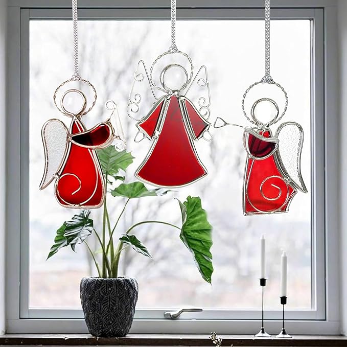 3PCS Handmade Angel Stained-Glass Sun-Catchers for Window Hangings, Stain Glass Angel Suncatchers Ornament Gifts for Women,Christmas Tree Decor Memorial Gifts for Mother's Day Valentine's Day
