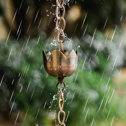DUSVALLY Rain Chain, 5.85 FT Lotus Metal Rain Chain, Functional and Decorative Replacement for Gutter Downspouts, Divert Water and Home Display, Adjustable, Antique Brown
