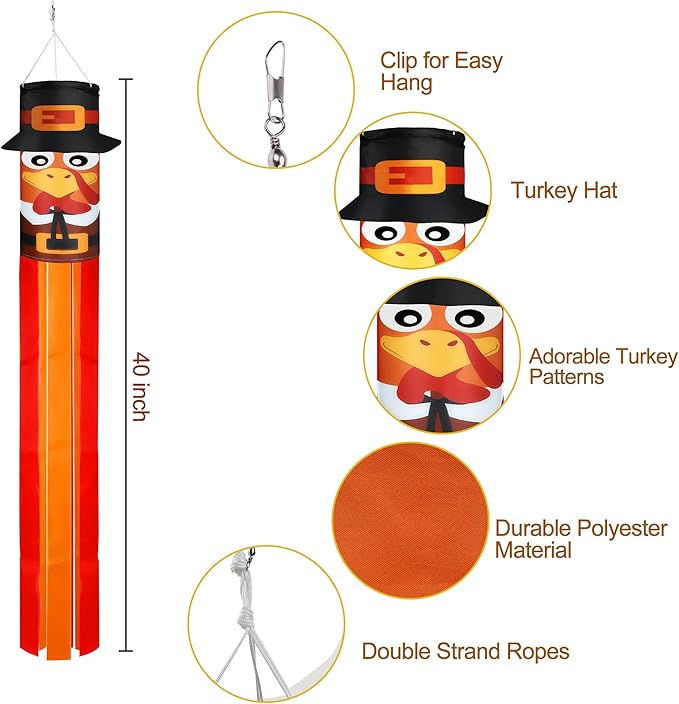 2Pcs Fall Thanksgiving Turkey Windsocks Decorations - Fall Thanksgiving Decorations - Thanksgiving Party Home Farmhouse Yard Front Door Window Wind Sock Outdoor Hanging Decor- 40 Inch