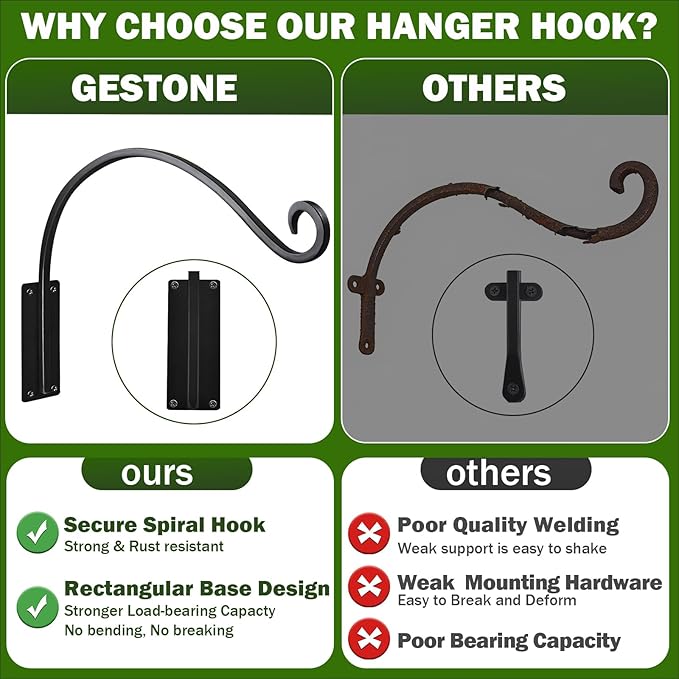 Heavy Duty 22 Inch Plant Hangers Bracket Outdoor, 80lbs Weight Capacity-2 Pack Metal Wall Hooks for Hanging Plants, Bird Feeder, Wind Chime, Wall Decor, Plant Hanger Hooks for Hanging Flower Baskets