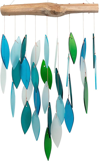 Blue Handworks Ocean Waterfall Glass and Driftwood Chime, Sandblasted Glass and Found Wood Handcrafted Wind Chime