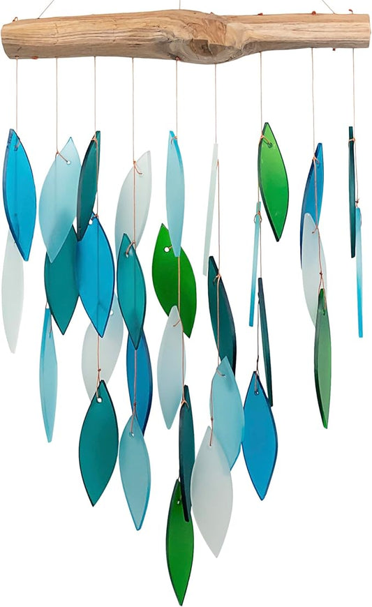 Blue Handworks Ocean Waterfall Glass and Driftwood Chime, Sandblasted Glass and Found Wood Handcrafted Wind Chime