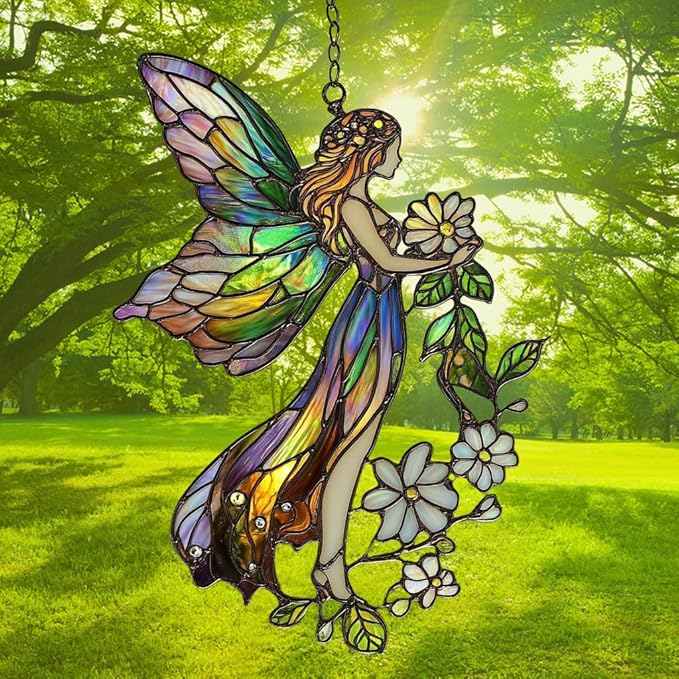 Floral Forest Fairy Acrylic Suncatcher Stained Glass Effect Window Car Hanging Christmas Ornament Indoor Outdoor Decor Garden Sun Catcher Panel for Fairy Lover for Women Mom Grandma