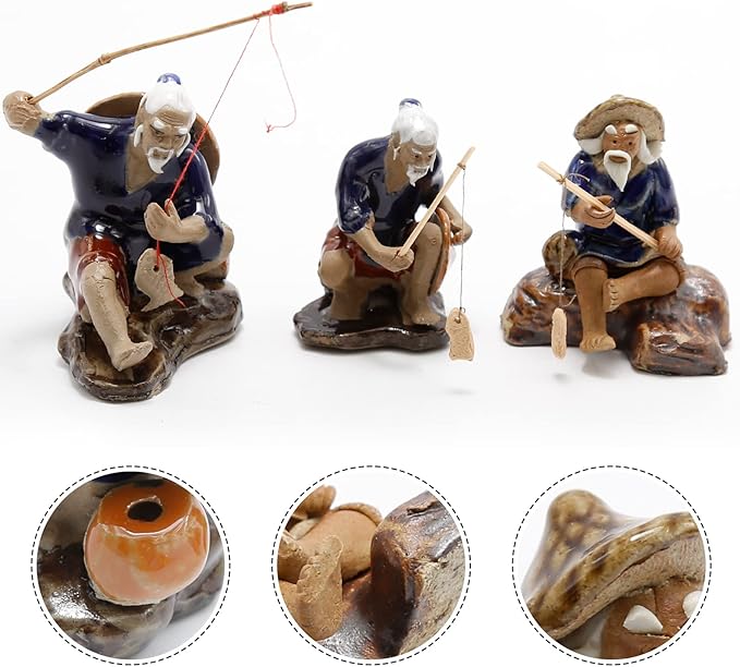3 PCS Fisherman Statue Fishing Ornament Bonsai Accessory Tree Pot Chinese Clay Man Ceramic Garden Decoration Fish Tank Bonsai Garden Decoration