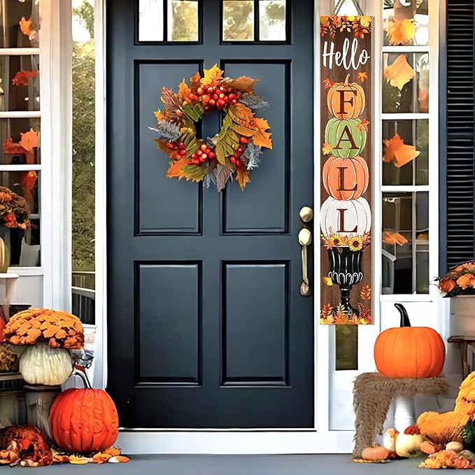 Fall Porch Sign, Hello Pumkpkin Sign for Front Porch, 3 Pumpkins Wooden Sign Yard, Vertical Wood Sign Standing for Patio Front Door Porch, Autumn Home Party Entryway Yard Wall Decor Indoor Outdoor, 47x8 inch