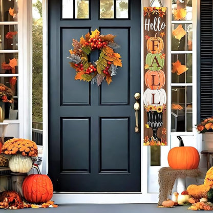 Fall Porch Sign, Hello Pumkpkin Sign for Front Porch, 3 Pumpkins Wooden Sign Yard, Vertical Wood Sign Standing for Patio Front Door Porch, Autumn Home Party Entryway Yard Wall Decor Indoor Outdoor, 47x8 inch