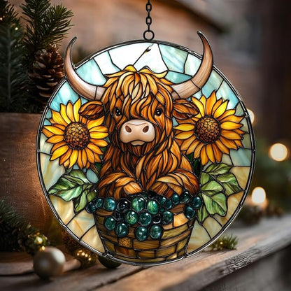 Highland Cow and Sunflower Mosaic Acrylic Suncatcher Stained Glass Effect Window Car Hanging Christmas Ornament Indoor Outdoor Decor Garden Sun Catcher Panel for Cow Lover for Women Mom Grandma
